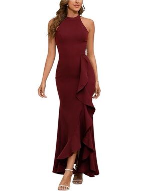 Alisapan Burgundy Halter Maxi Mermaid Dress w/ Ruffled Front Slit - Small